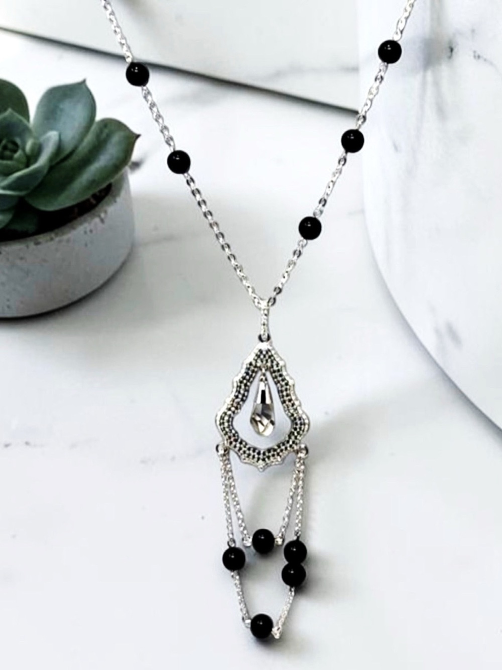 Swarovski Crystal Pave & Black Pearls Chandelier Necklace